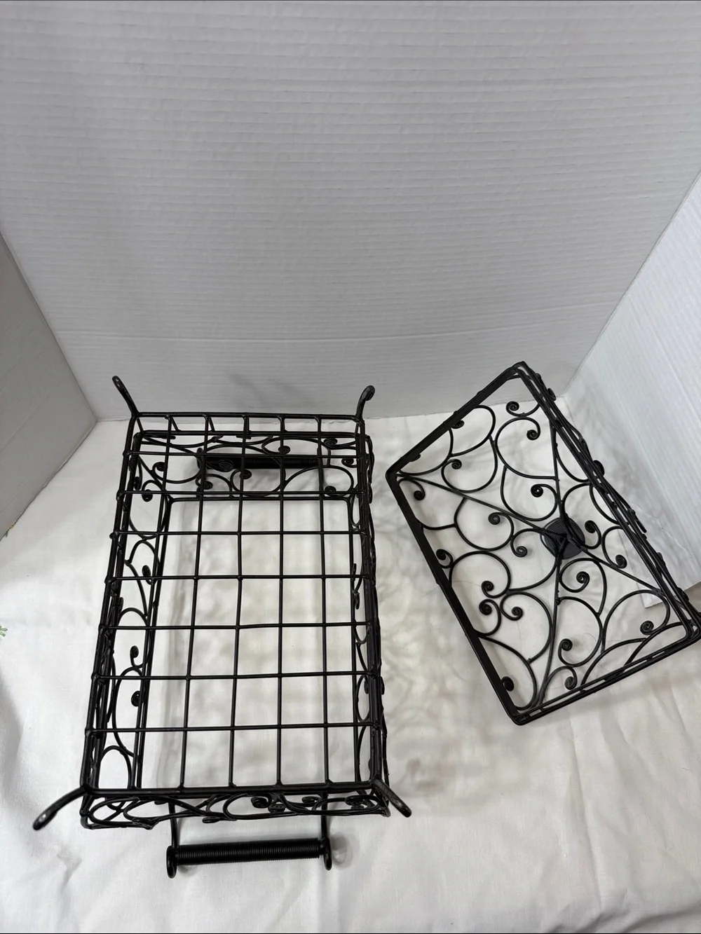 Vintage Wrought Iron Style Scrollwork Decorative Centerpiece Basket with Lid